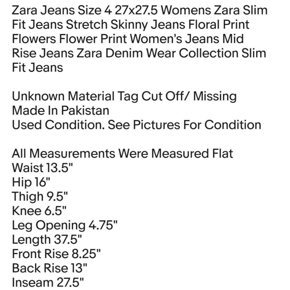 Zara Jeans Size 4 27x27.5 Womens Zara Slim Fit Jeans Stretch Skinny Jeans Floral - Picture 6 of 6